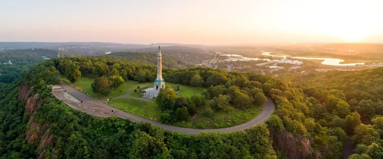 Aerial view of East Rock Park and the Soldiers and Sailors Monument in New Haven