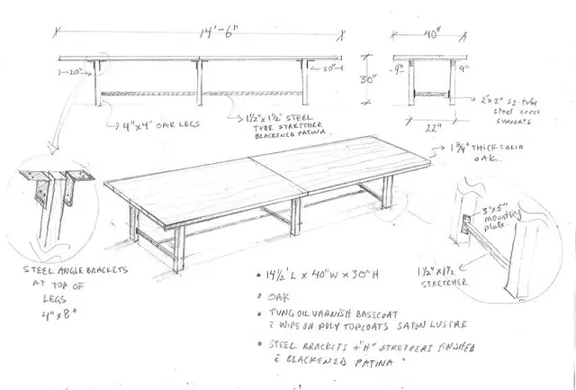 Design sketch of a long dining table